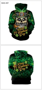 Detailed full 3D print of Saint Patrick's Day hoodie with skull and shamrock patterns