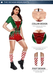 Detail shots of the 3D Christmas elf print and stand collar design on the slim fit bodysuit