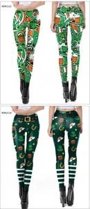 Detail view of St. Patrick's Day leggings featuring festive clovers and beer patterns