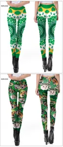 Detailed views of St. Patrick's Day leggings with clover patterns and festive pet prints