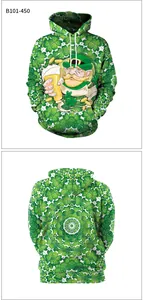Detailed front and back views of St. Patrick's Day hoodie with clover patterns