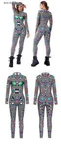 Detailed views of women long sleeve bodysuit with psychedelic digital print and art patterns