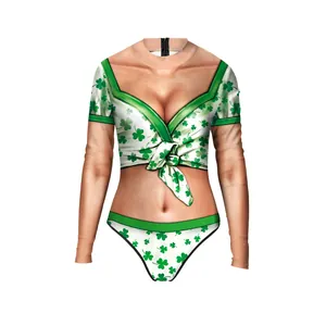 St Patricks Day Women Long Sleeve Monokini Shamrock 3D Print Bodysuit Slim Fit Bathing Suit Sun Protection Beachwear