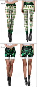 Front and back detail of St. Patrick's Day leggings with shamrock and gnome patterns