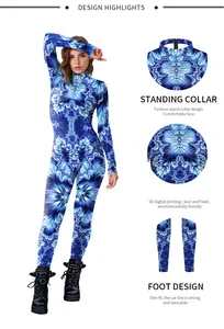 Detail view of digital 3D fractal print and stand collar design on long sleeve bodysuit