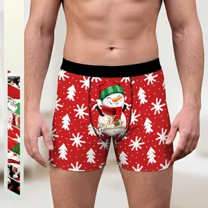 Men's Christmas Boxer Briefs Polyester Blend Holiday Underwear Snowman Santa Pattern Breathable Mid Rise Festive Trunks