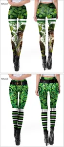 Detail view of St. Patrick's Day leggings featuring shamrock prints and cat graphics