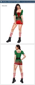 Front and back views of women's Christmas elf bodysuit costume with striped socks