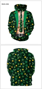 Front and back detail of St. Patrick's Day hoodie with funny clover and muscle 3D print