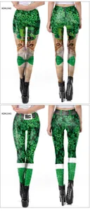 Detailed front and back views of St. Patrick's Day leggings with clover and cat patterns