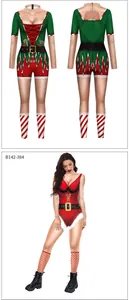 Close-up of slim fit Christmas elf jumpsuits with candy cane prints and belt details