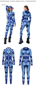 Detail view of women's long sleeve bodysuit featuring blue fractal digital printing