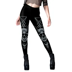 Gothic high-waisted yoga leggings with grey mystical skull and sigil prints