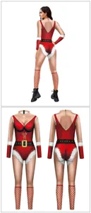 Detail of red Christmas bodysuit with faux fur trim, candy cane print and fishnet stockings