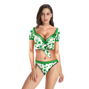 Women's St. Patrick's Day two-piece swimsuit with green shamrock prints and bow knot