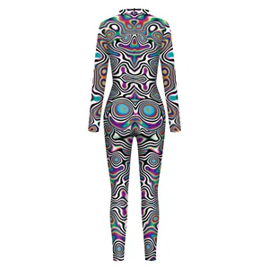 Colorful psychedelic print bodysuit with high neck and long sleeves for cosplay