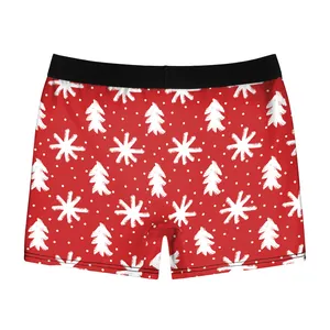 Men's festive red boxer briefs with white Christmas tree prints and black waistband
