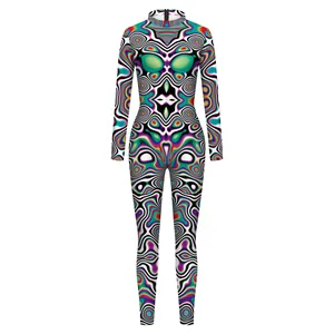 Women psychedelic digital print long sleeve bodysuit with surreal eye and swirl pattern