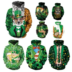 Women's St. Patrick's Day 3D Printed Hoodie Shamrock Leprechaun Graphic Sweatshirt Long Sleeve Hooded Pullover Top Pocket
