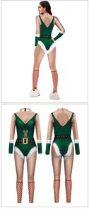 Front and back views of women's Christmas elf bodysuit with festive candy cane graphics
