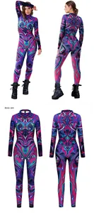Detail view of colorful psychedelic fluid swirl pattern bodysuit with long sleeves