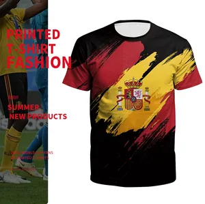 Close-up of 3D digital printed T-shirt with Spanish flag colors and emblem design