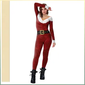 Combinaison Slim Sexy de Noël pour Femmes Imprimé Écailles de Dragon Rouge Bordure en Fausse Fourrure Blanche Manches Longues Fête de Festival