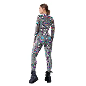 Back view of colorful spiral print bodysuit in high-stretch fabric for cosplay events
