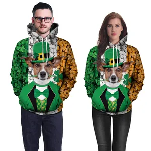 Saint Patrick's Day hoodies with dog and clover prints for couples in festive green colors