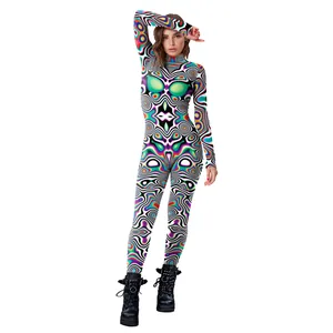 Women's psychedelic digital print bodysuit with abstract colorful wave patterns