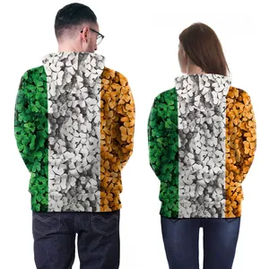 Matching couple hoodies with Irish flag stripes and clover prints for St. Patrick's Day