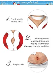 Detail of round neckline and high-definition 3D digital Santa print on a red sweatshirt