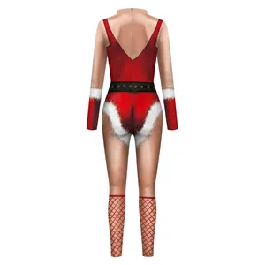 Back view of sexy red Christmas bodysuit for women with white faux fur trim and belt print