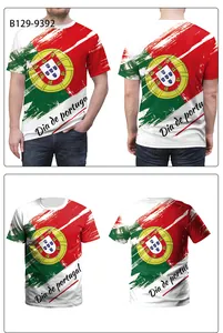 Detail of white Portugal Day T-shirt with flag splatter print and crest graphics