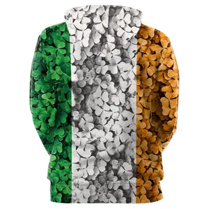 Back view of St. Patrick's Day hoodie with Irish flag tricolor and shamrock print