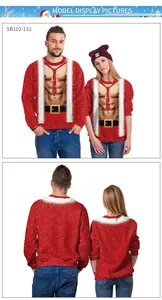 Front and back view of a Christmas sweatshirt with funny 3D Santa muscle body print