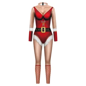 Women's Christmas bodysuit featuring 3D candy cane print and festive red design