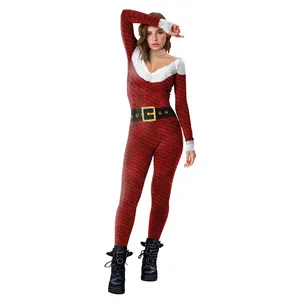Combinaison de Noël rouge pour femme avec bordure en fausse fourrure et ceinture imprimée