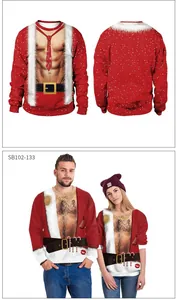 Detail of Christmas crewneck sweatshirts with 3D muscle Santa print and festive elements