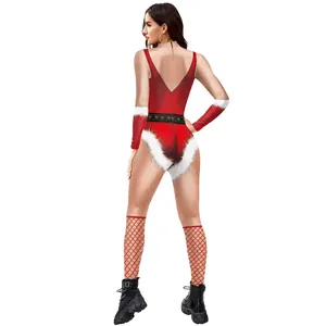 Sexy Christmas bodysuit for women with red velvet trim, belt print, and mesh stockings