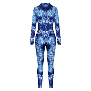Women's Digital Print High Neck Long Sleeve Jumpsuit Skinny Bodysuit Performance Cosplay Costume Unitard Fractal Pattern