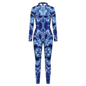 Women's blue fractal print bodysuit with mechanical long sleeve design and high collar