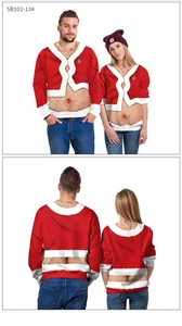 Front and back view of funny 3D hairy Santa Claus print pullover sweatshirt for couples