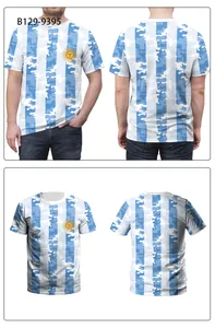 Detail of Argentina flag style striped t-shirt with Sun of May icon and camo texture