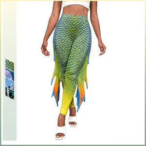 Leggings Imprimés Écailles de Poisson Sirène Avec Nageoires 3D Taille Haute Pantalon Moulant Pour Femmes Cosplay Créatif Fête