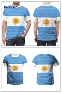 Detail view of Argentina flag T-shirt with sun emblem and blue white stripes