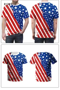 Detail view of 2024 USA flag print t-shirt featuring stars and stripes digital pattern