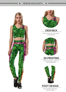 Detail of St. Patrick's Day crop top and leggings with 3D green clover and floral print