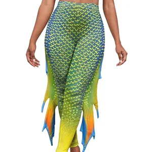 Leggings sirène pour femmes avec nageoires 3D et imprimé écailles de poisson vert