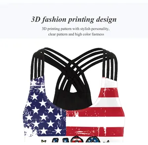 Detail of cross-back multi-strap design and vintage 3D flag print yoga top